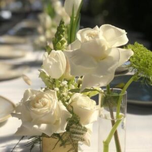 White Table Runner Trio Bridal Shower Flower Arrangement